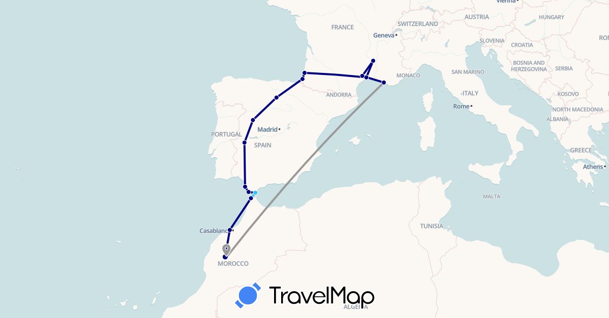 TravelMap itinerary: driving, plane, boat in Spain, France, Morocco (Africa, Europe)